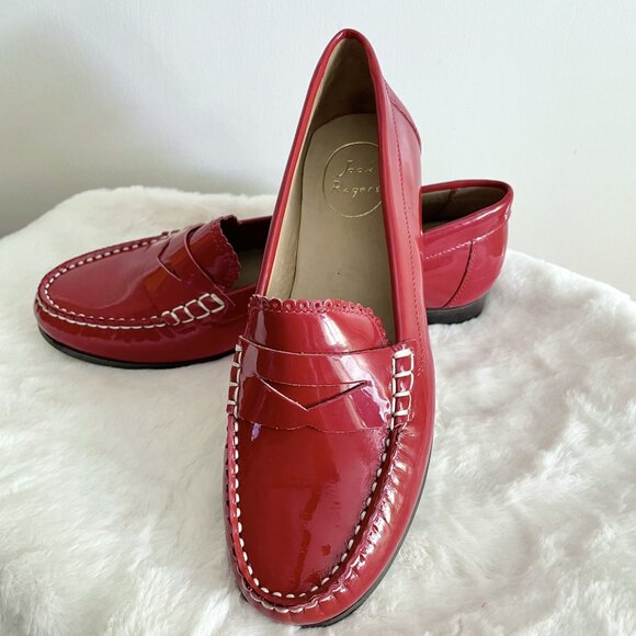 Jack Rogers Quinn Red Patent Leather Penny Loafers Size 7 Scallop Trim - Picture 4 of 15